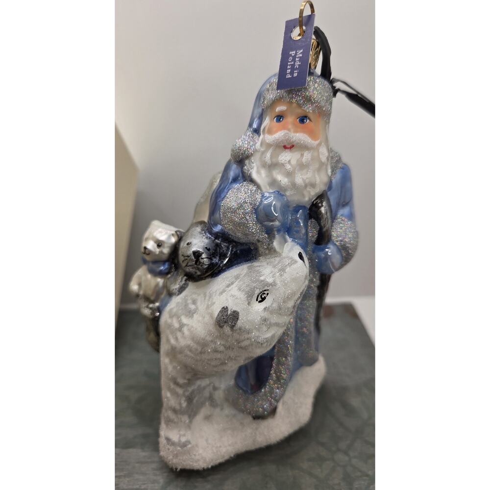 Glassware Art Studio Handcrafted Poland Santa Polar Bear Ornament 6" Blue Silver